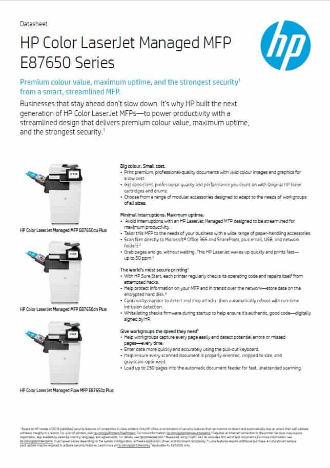 HP Colour LaserJet Managed MFP E87650 brochure thumbnail
