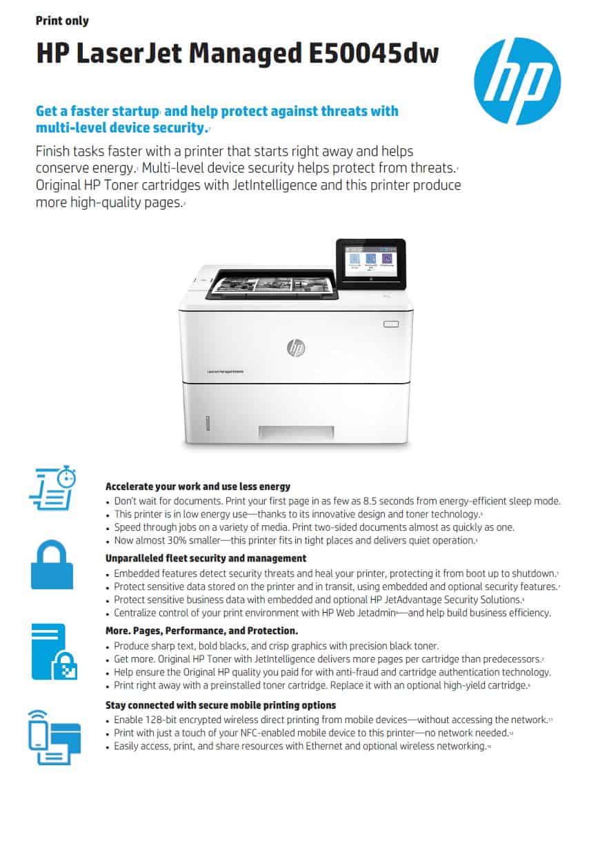 HP LaserJet Managed E50045dw Mono A4 Printer Datasheet thumbnail