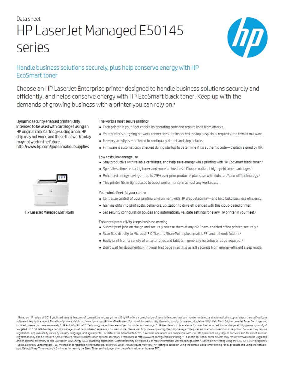 HP LaserJet Managed E50145dn Mono A4 Printer Datasheet thumbnail