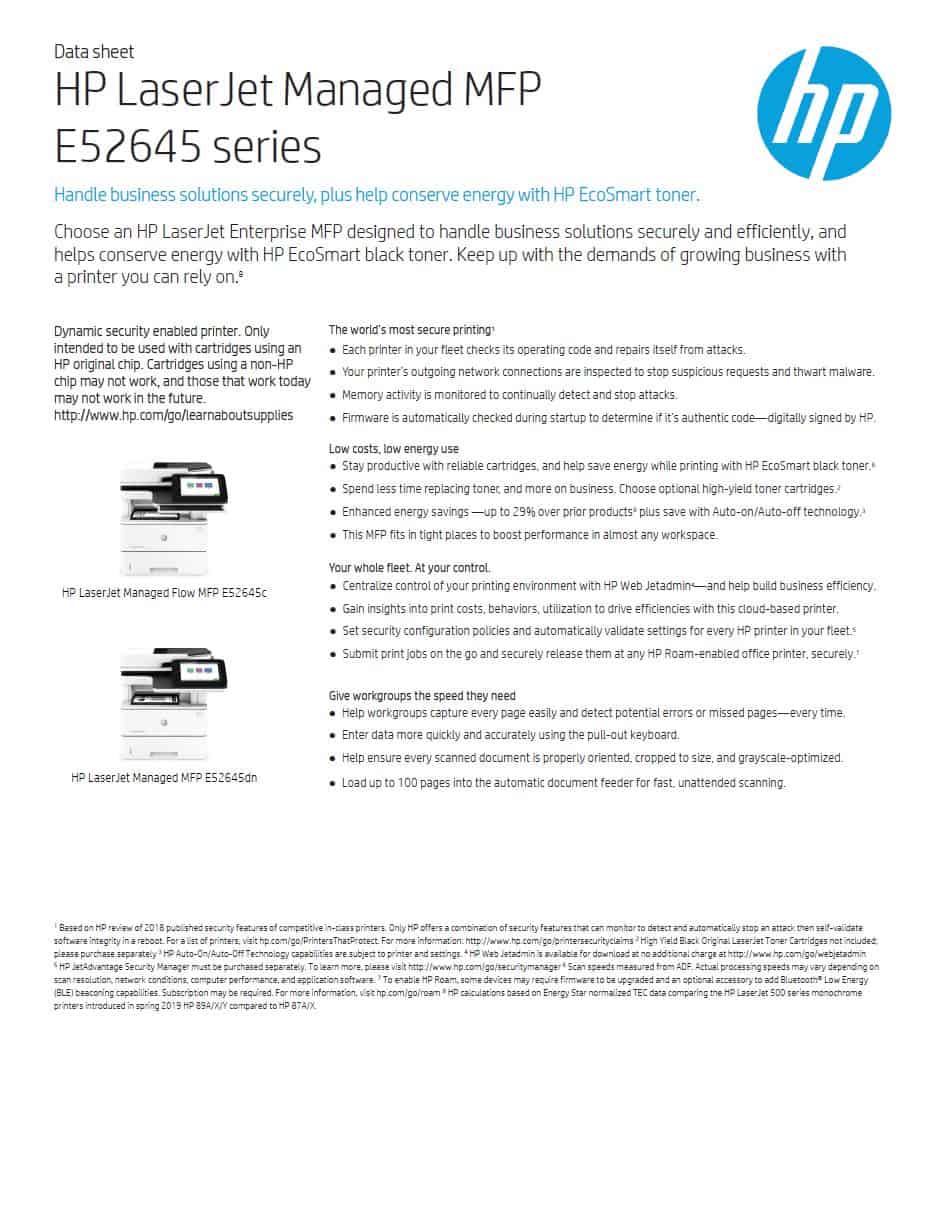 HP LaserJet Managed E52645 Series Mono A4 Multifunction Printer Datasheet thumbnail