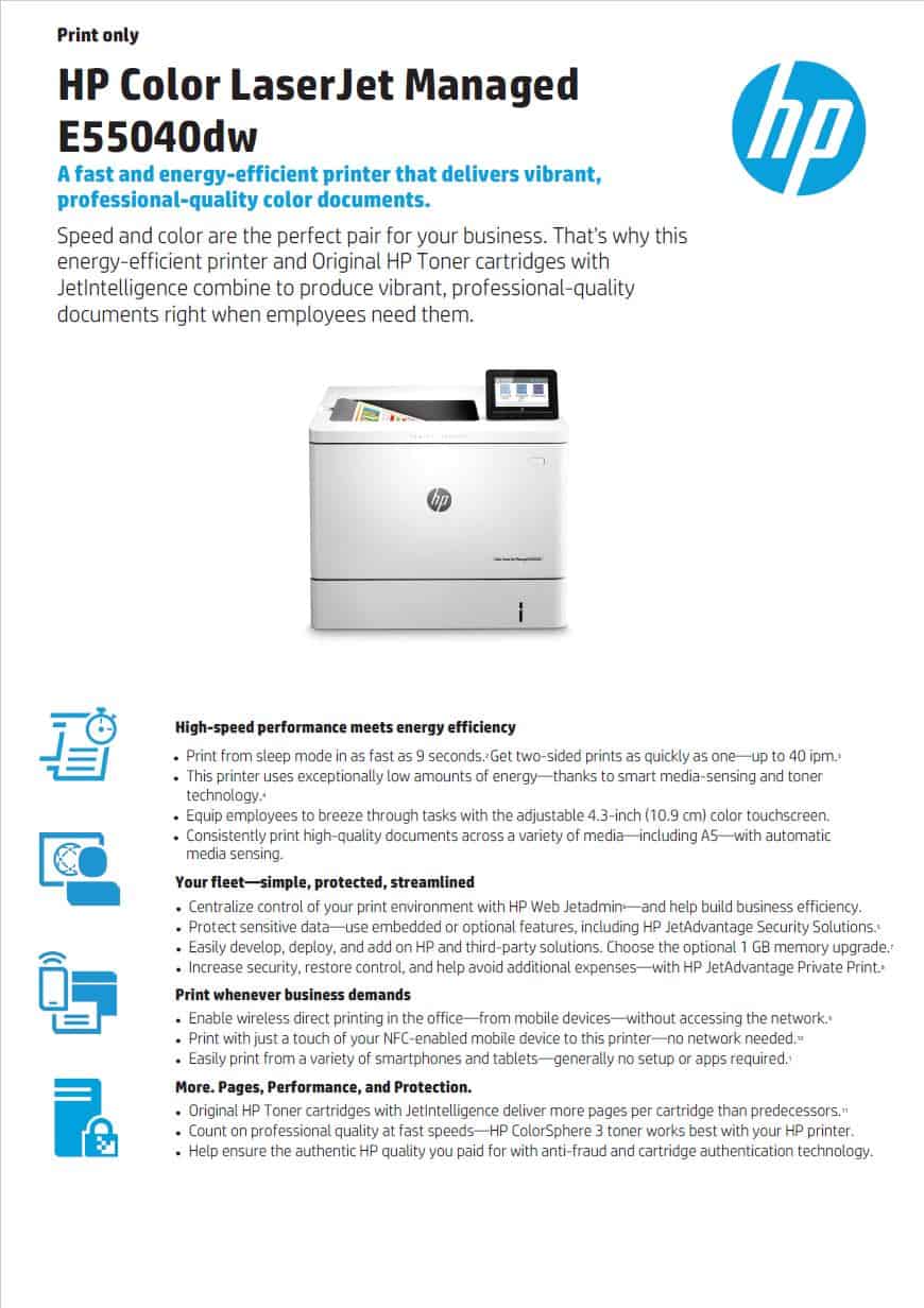 HP LaserJet Managed E55040dw Colour A4 Printer Datasheet thumbnail