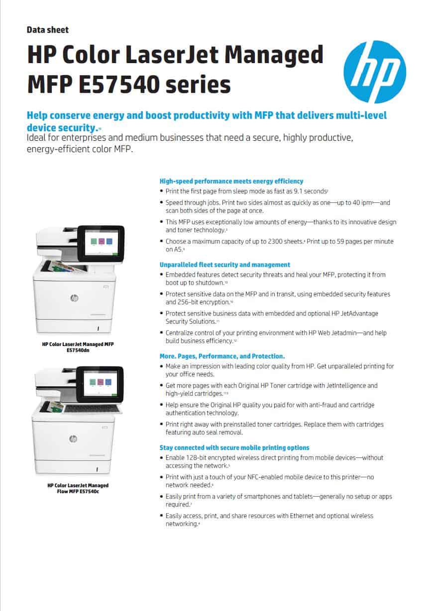 HP LaserJet Managed E57540 Series Colour A4 Multifunction Printer Datasheet thumbnail