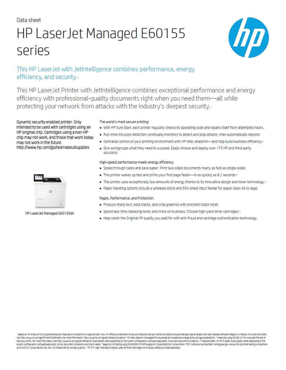 HP LaserJet Managed E60155dn Mono A4 Printer Datasheet thumbnail