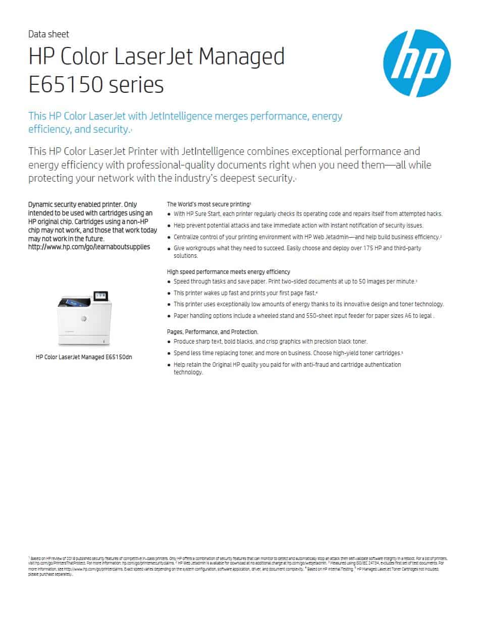 HP LaserJet Managed E65150dn Colour A4 Printer Datasheet thumbnail
