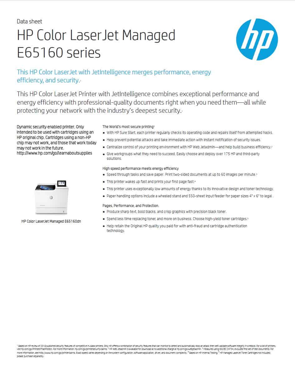 HP LaserJet Managed E65160dn Colour A4 Printer Datasheet thumbnail