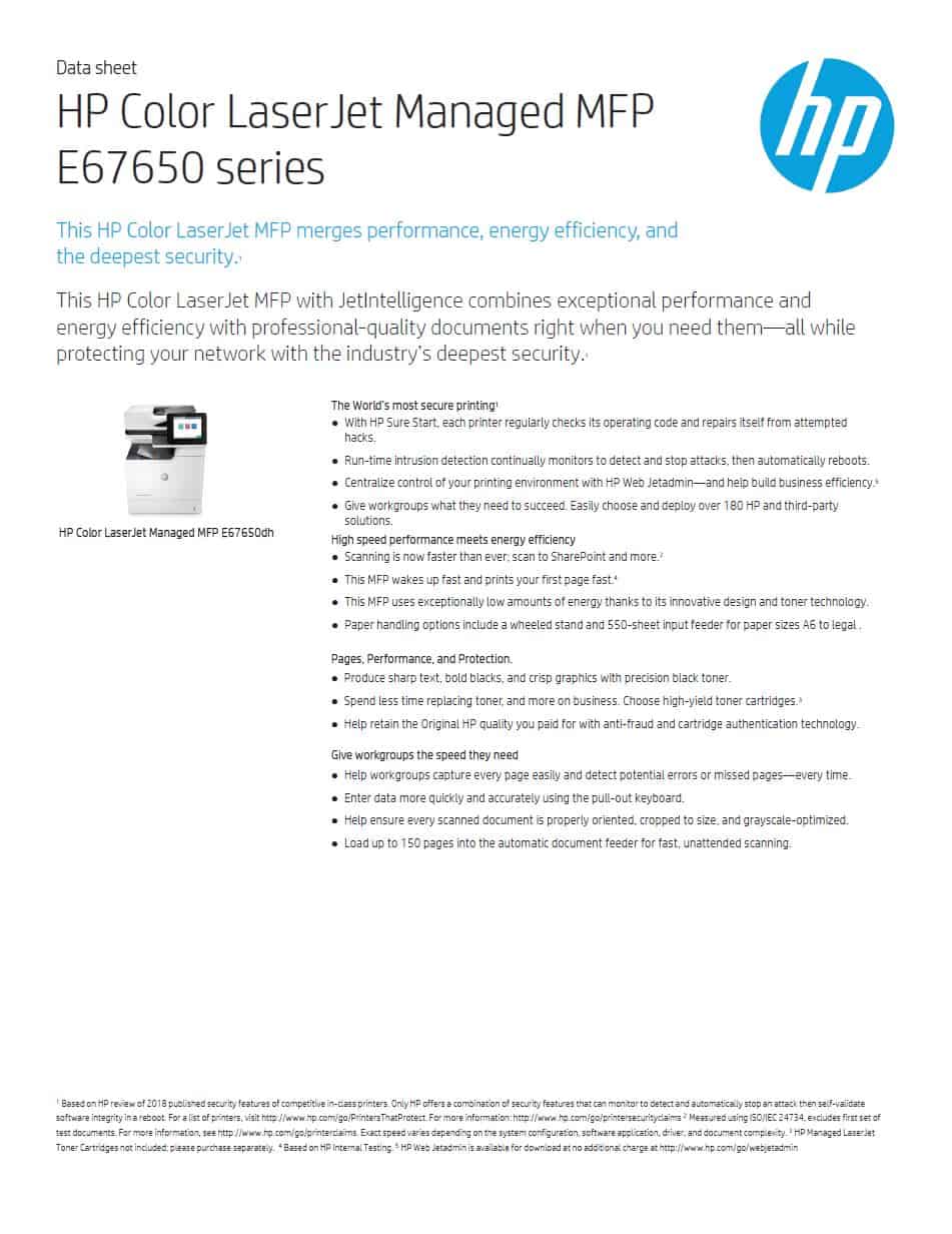 HP LaserJet Managed E67650dh Colour A4 Multifunction Printer Datasheet thumbnail