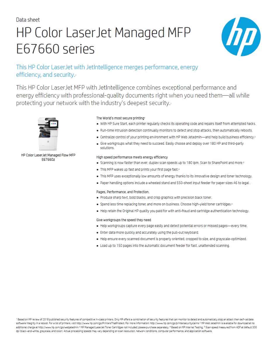 HP LaserJet Managed E67660z Colour A4 Multifunction Printer Datasheet thumbnail
