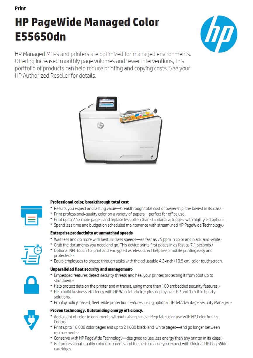 HP PageWide Managed E55650dn Colour A4 Printer Datasheet thumbnail