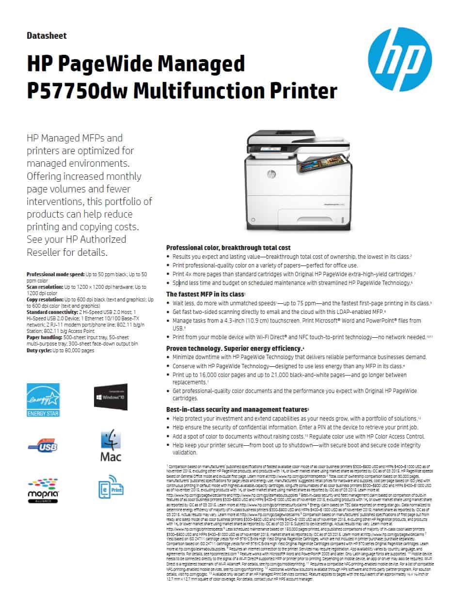 HP PageWide Managed P57750dw Colour A4 Multifunction Printer Datasheet thumbnail