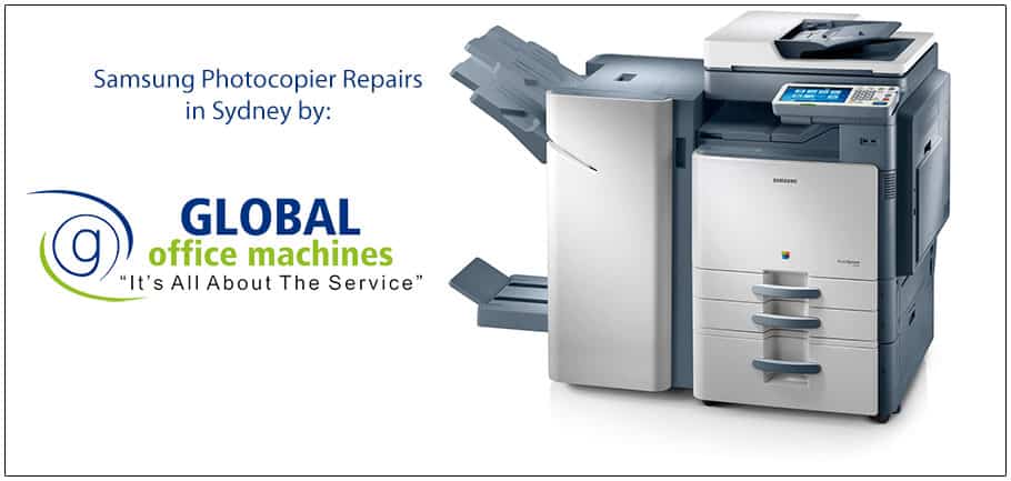 GOM logo with Samsung photocopier: repair service in Sydney promo